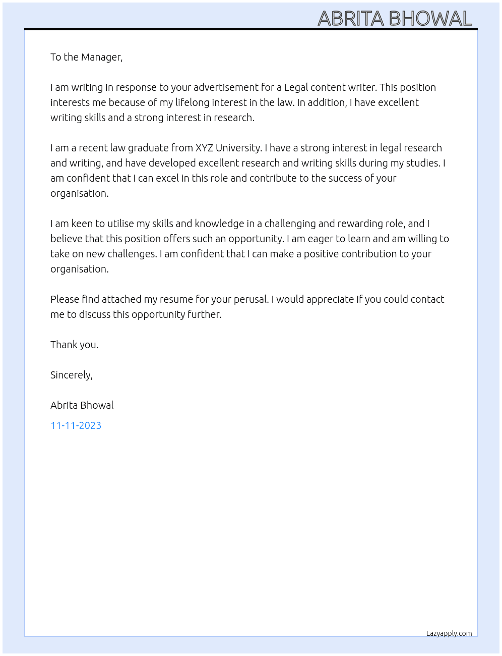 Legal content writer  At Pc garage Cover Letter