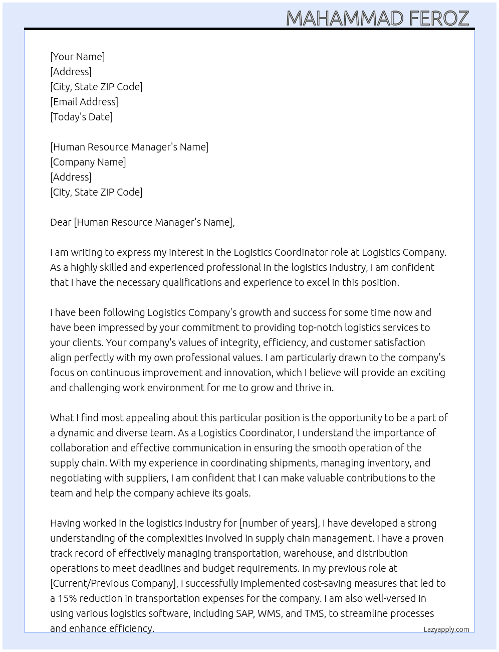 Logistics coordinator  At Logistics company  Cover Letter