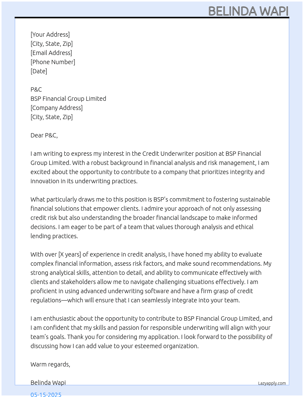 Credit underwriter  At BSP Financial Group Limited  Cover Letter
