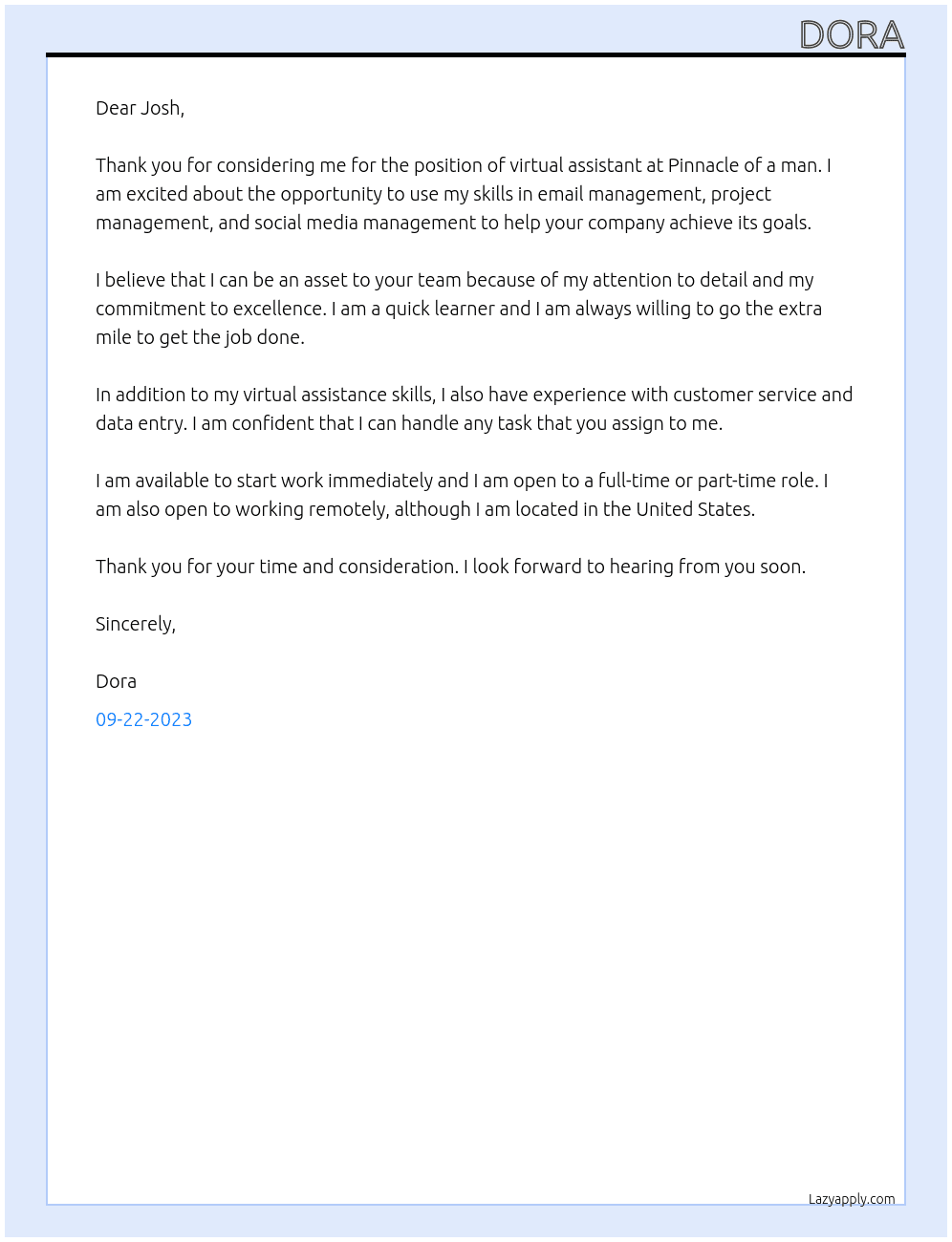 virtual assistant At Pinnacle of a man Cover Letter