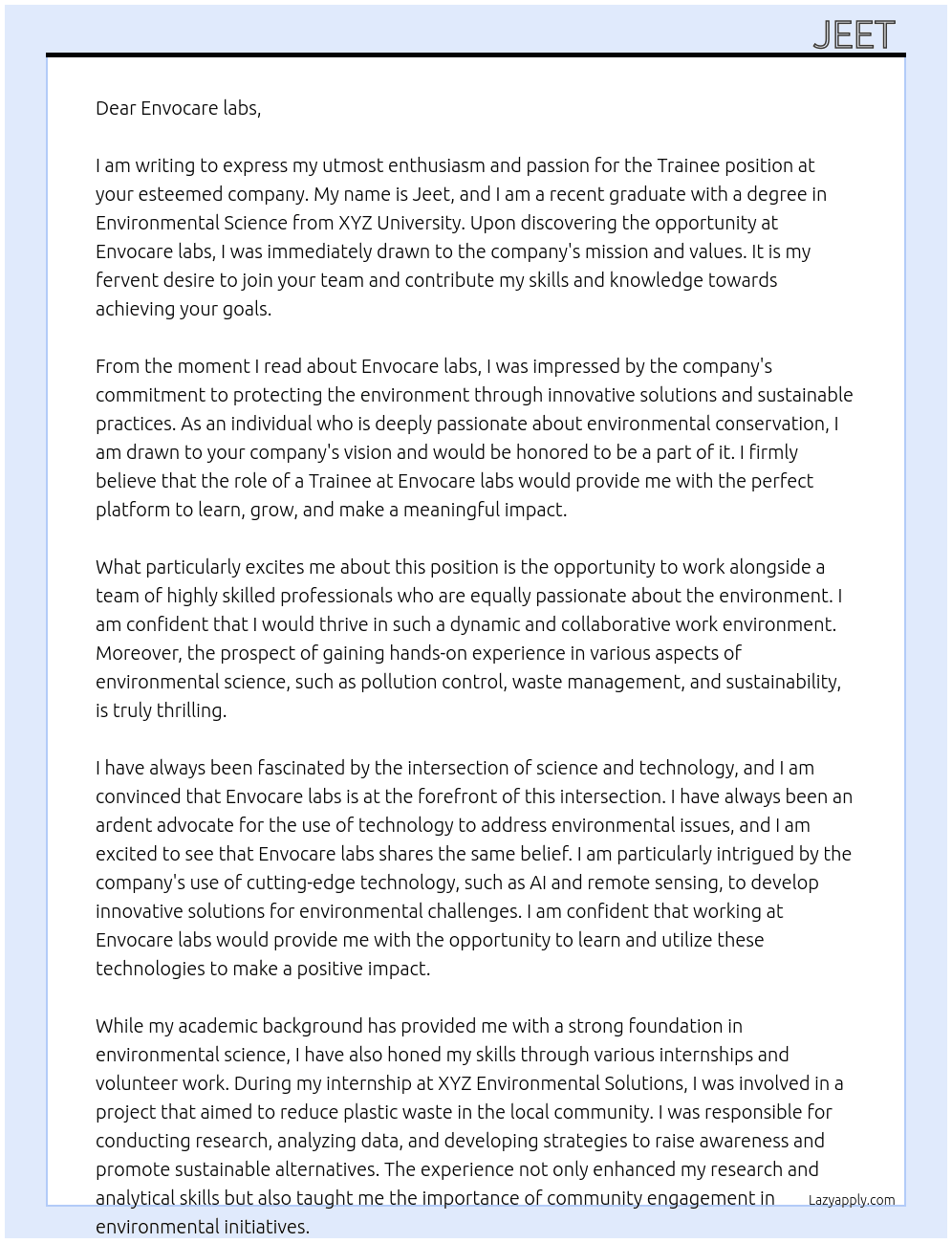 Trainee  At Envocare labs  Cover Letter