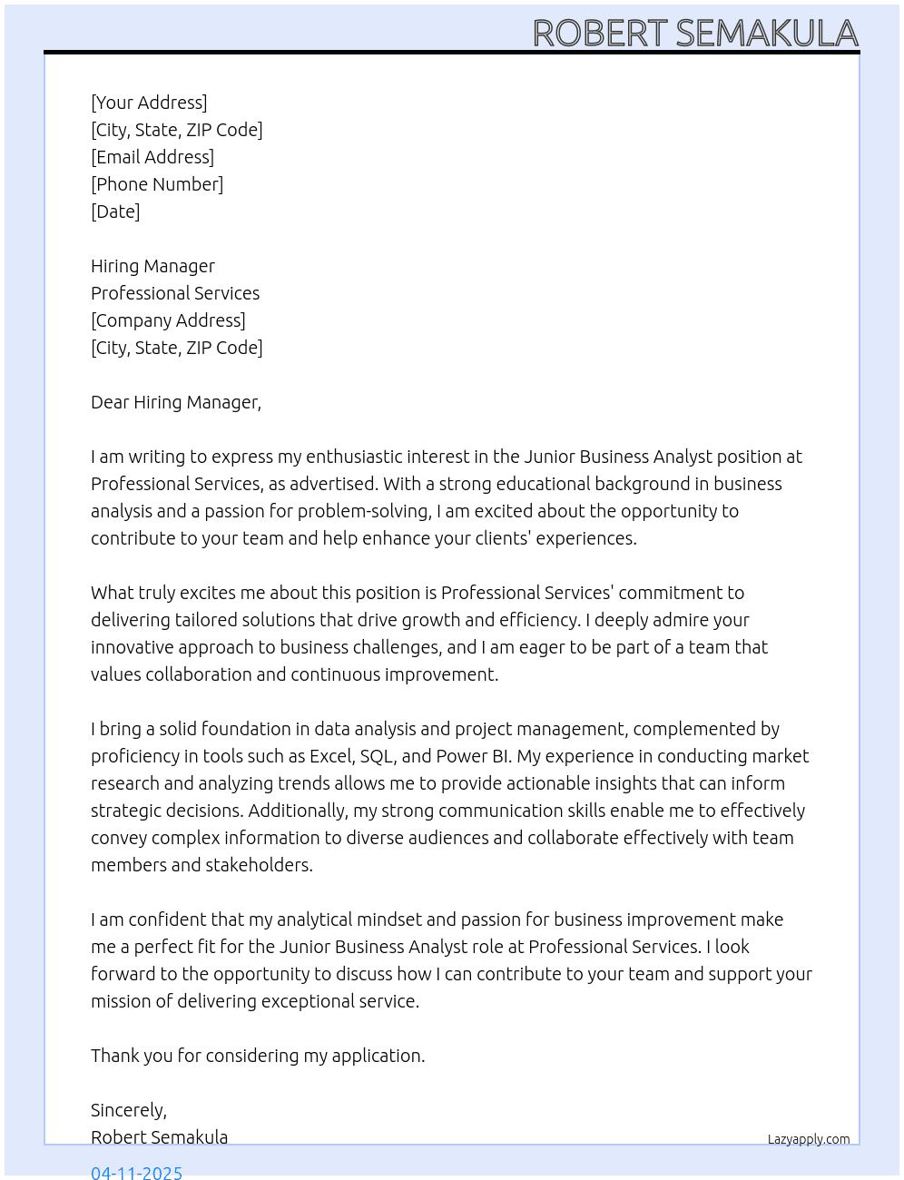 Junior Business Analyst At Professional Services Cover Letter