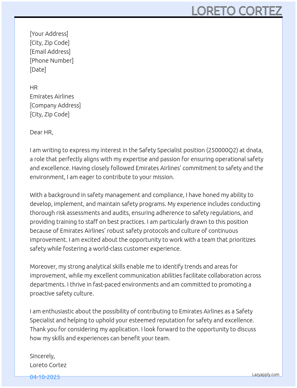 Cover letter for safety specialist, dnata - 250000q2 - LazyApply