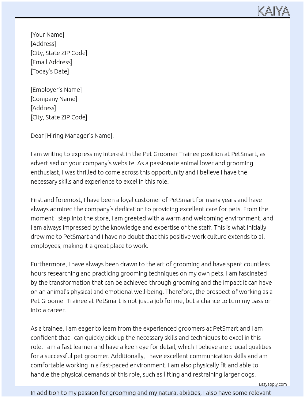 Pet Groomer Trainee At PetSmart Cover Letter