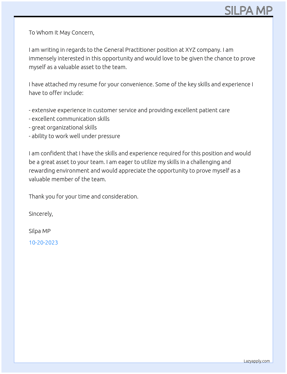 General Practitioner At Xyz Cover Letter