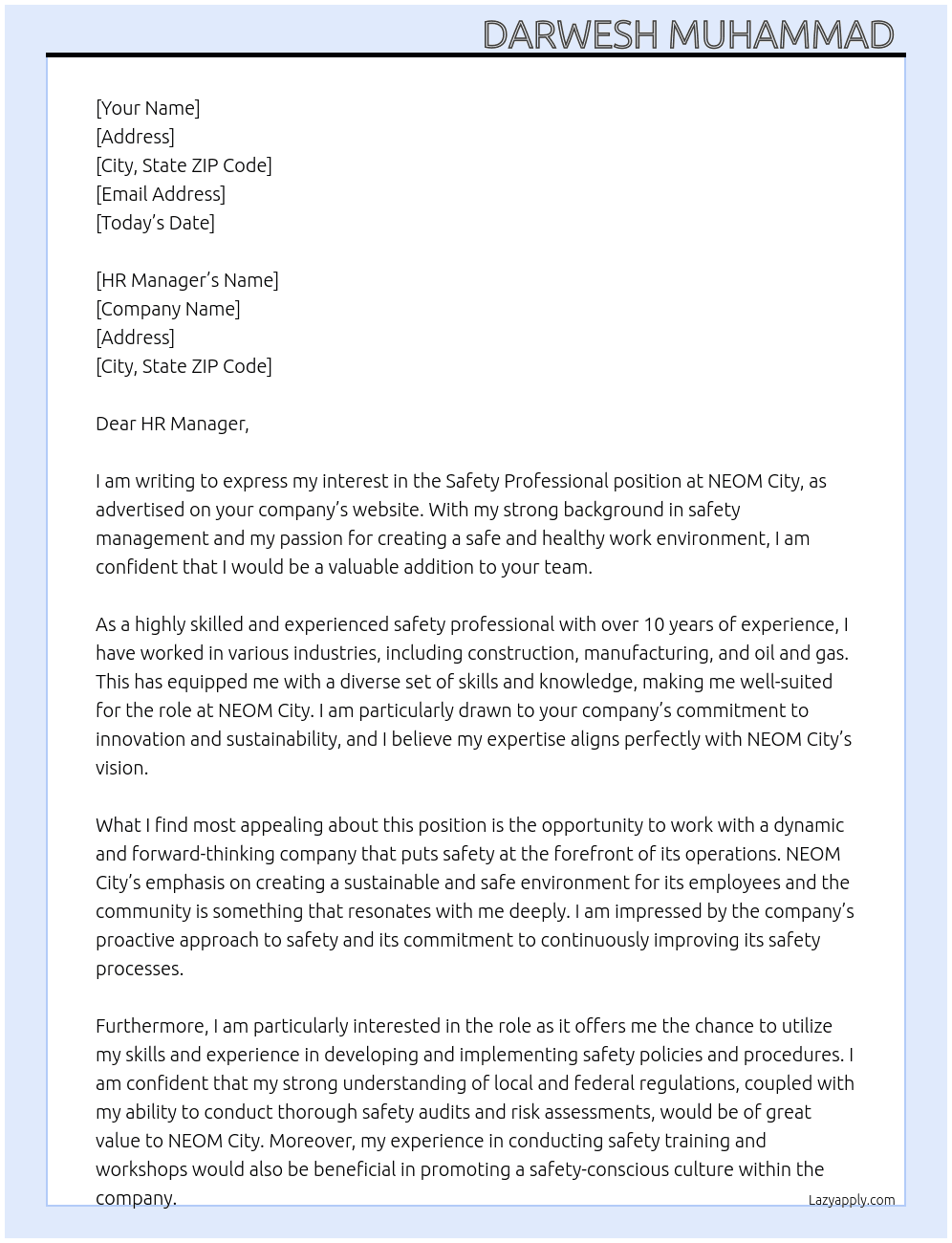 Safety professional  At NEOM City  Cover Letter