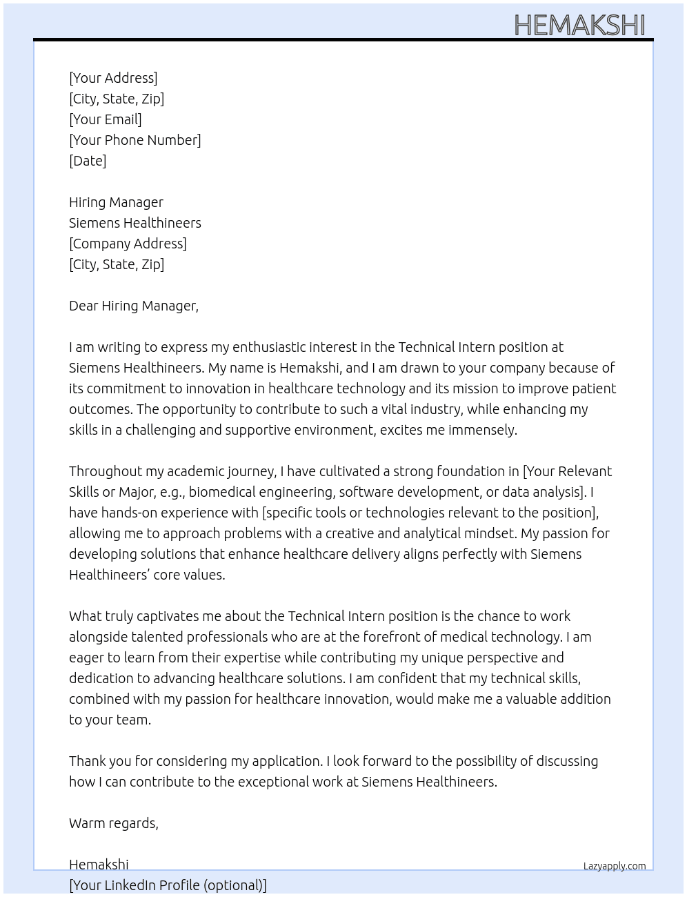 Technical intern  At Siemens Healthineers  Cover Letter