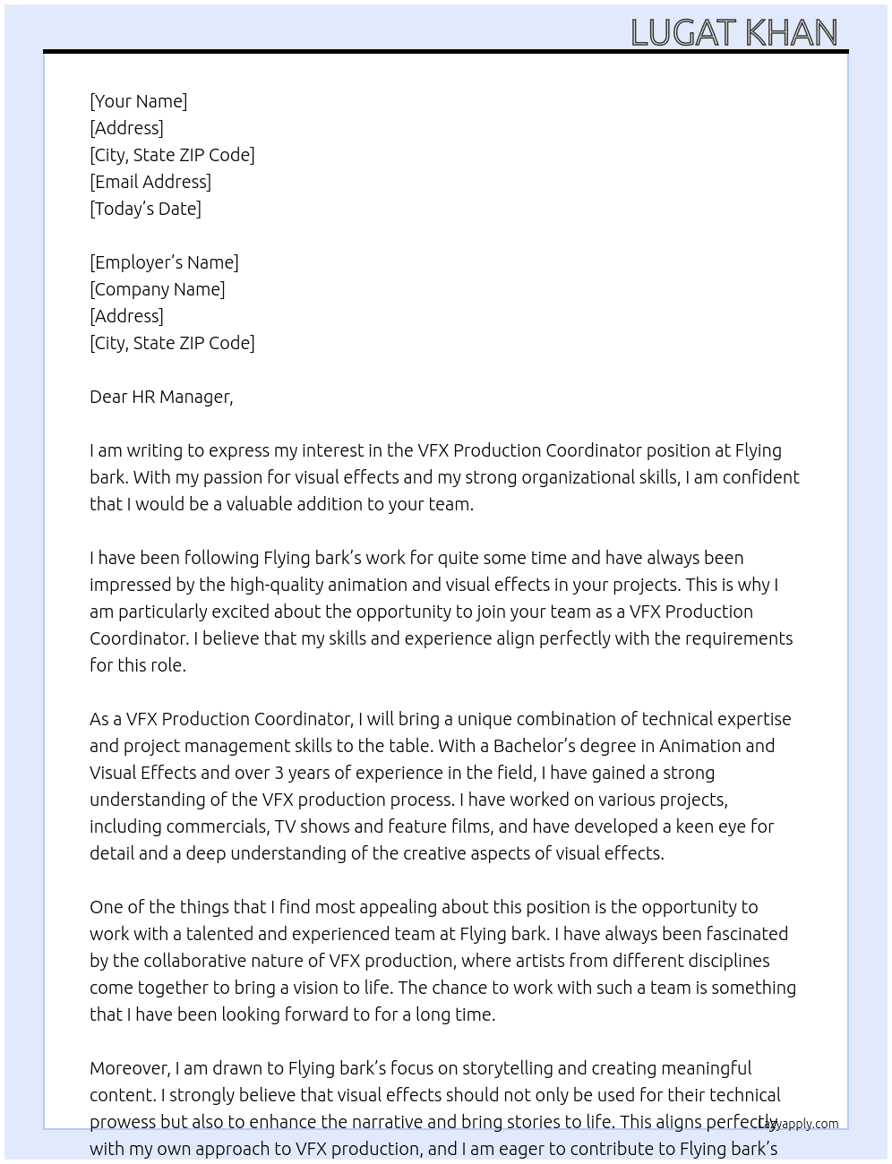 VFX Production Coordinator At Flying bark Cover Letter