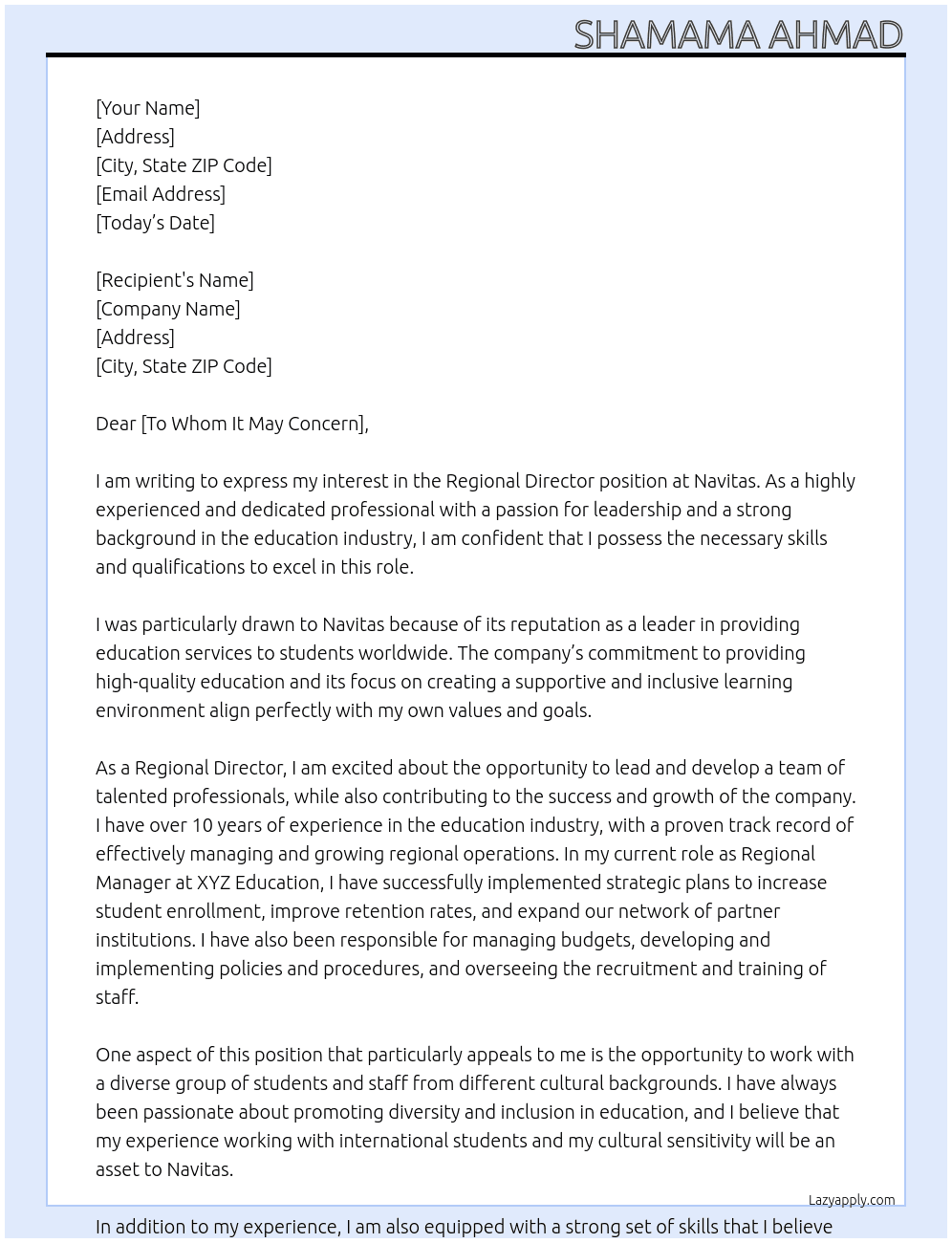 Regional Director At Navitas Cover Letter