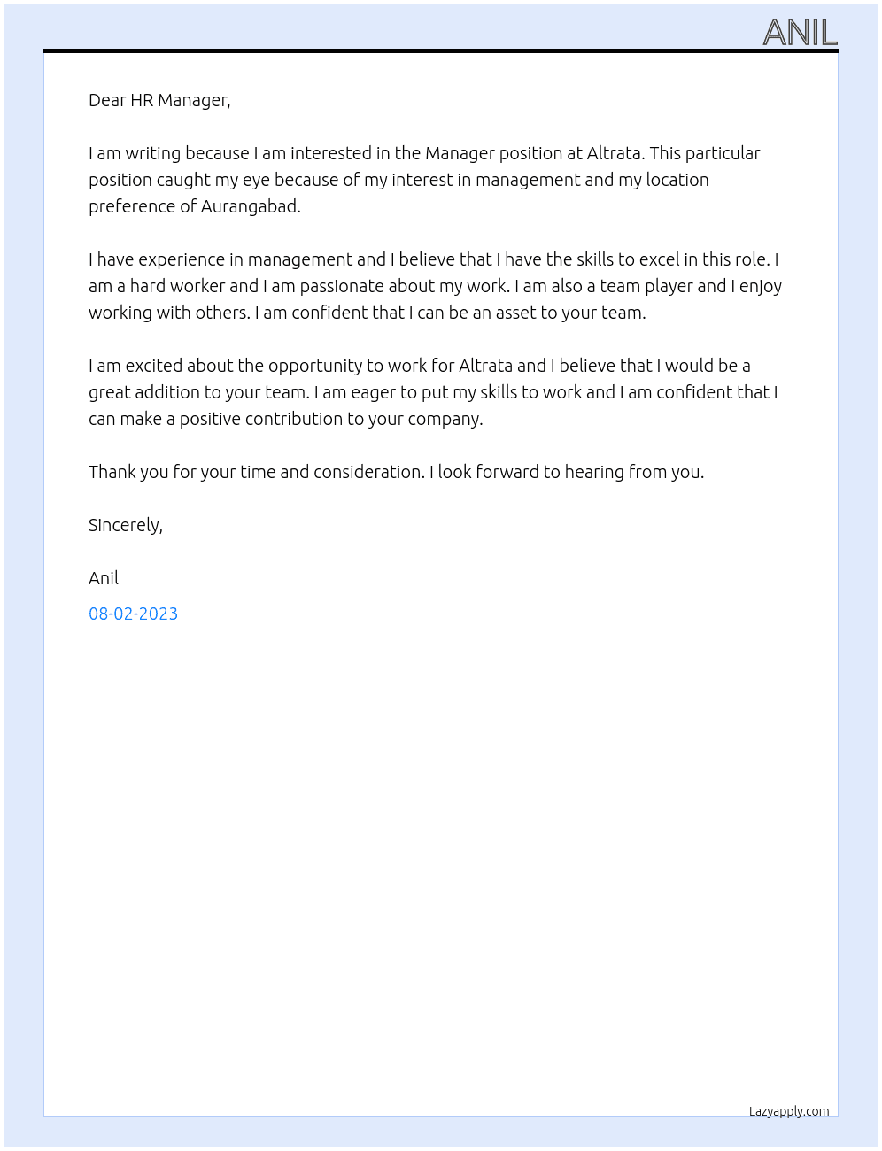 manger At altrata Cover Letter
