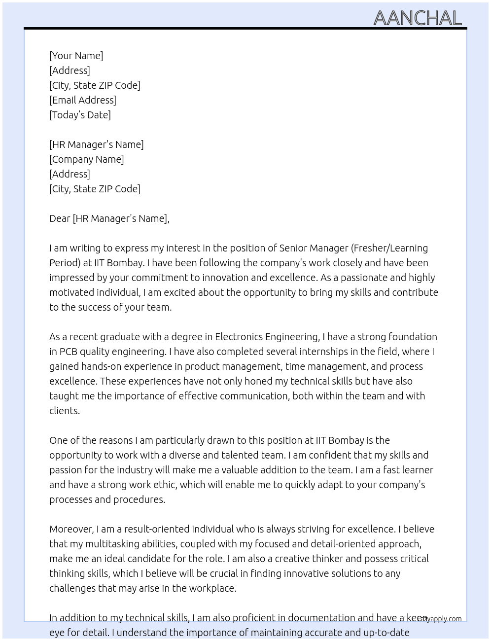 Senior manager (Fresher(Learning Period)) At IIT Bombay  Cover Letter