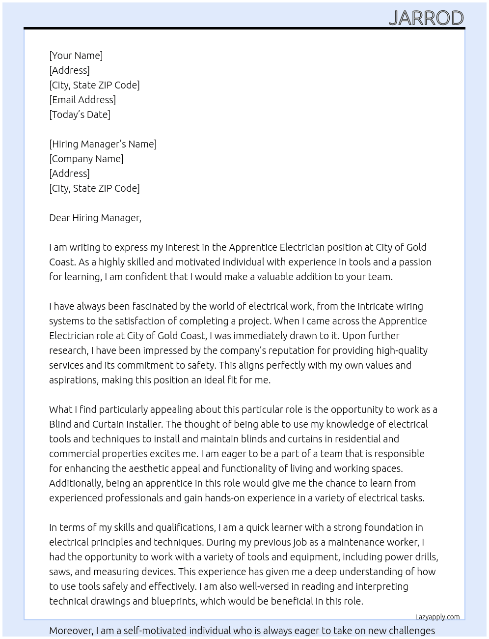 apprentice electrician At City of Gold Coast Cover Letter