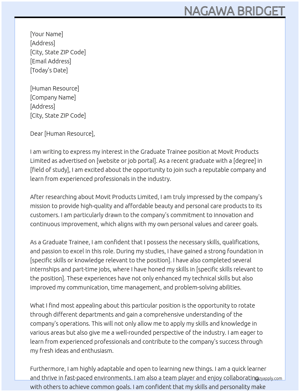 graduate trainee At Movit Products Limited Cover Letter