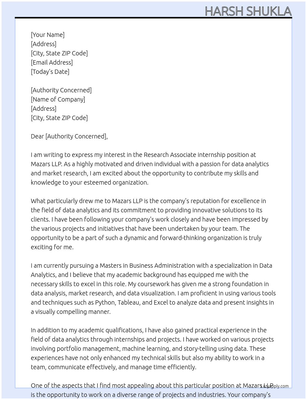  Research Associate internship At Mazars LLP Cover Letter