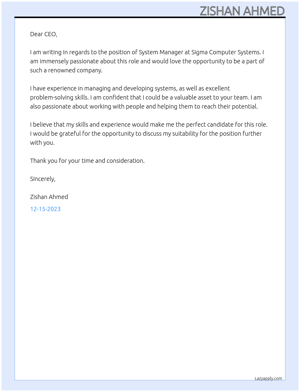 System Manager At Sigma Computer System Cover Letter