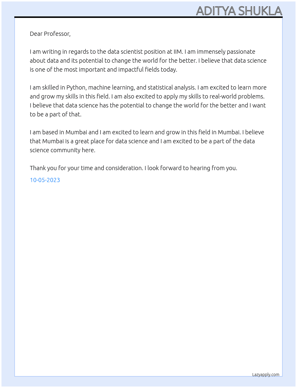 data scientist At IIM  Cover Letter