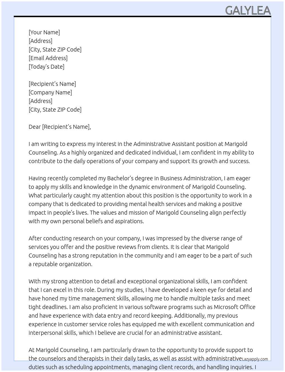 Adminstrative Assistant  At Marigold Counseling Cover Letter