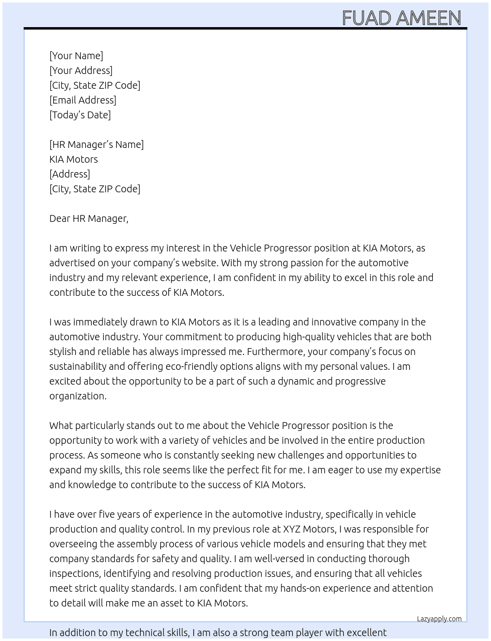 Vehicle Progressor  At KIA motors  Cover Letter