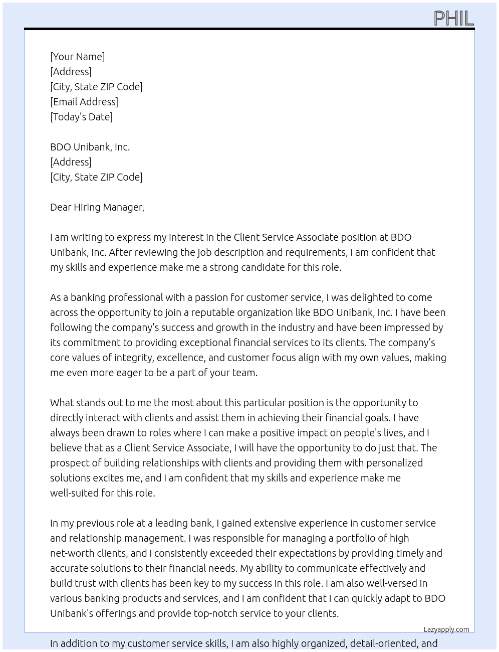 Client Service Associate At Banco De Oro Unibank, Inc Cover Letter