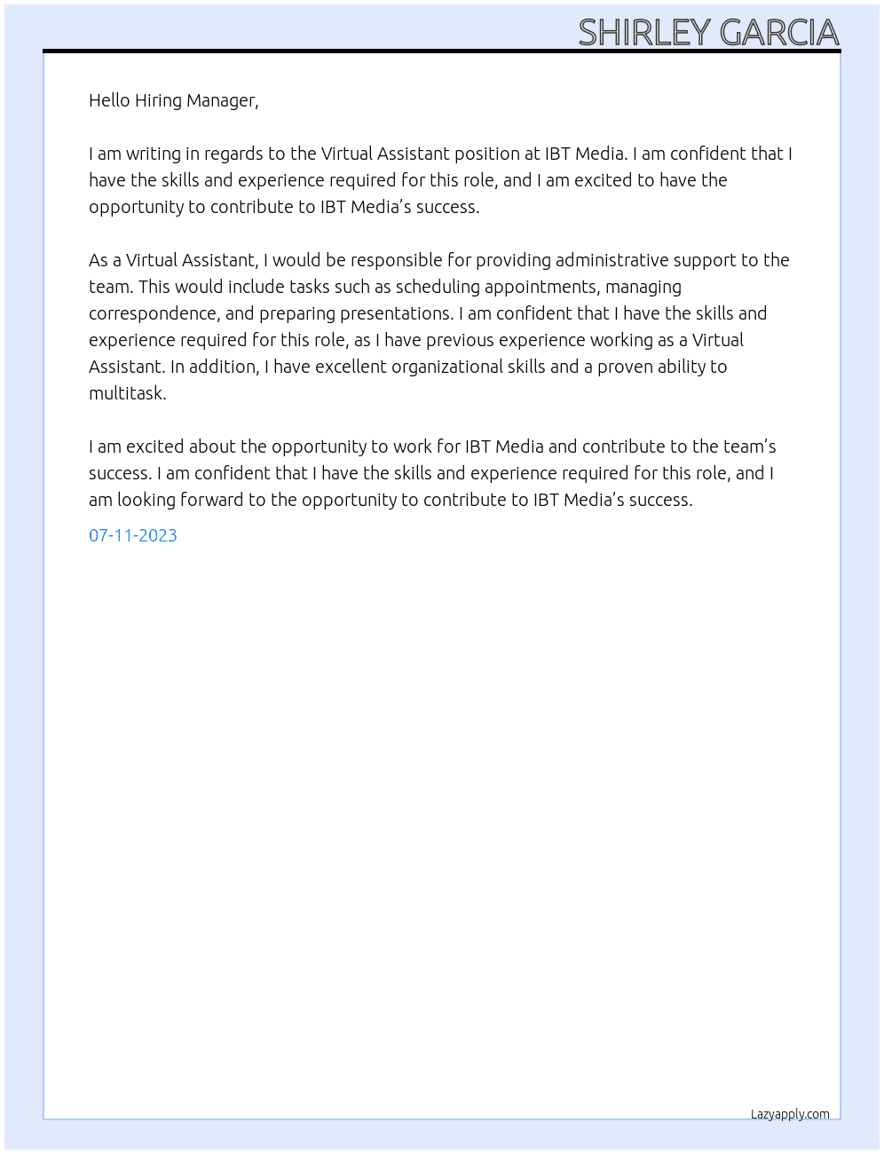 virtual assistant  At IBT MEDIA  Cover Letter