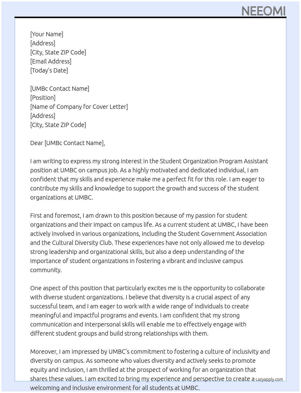 Student Organization Program Assistant At UMBC on campus job Cover Letter