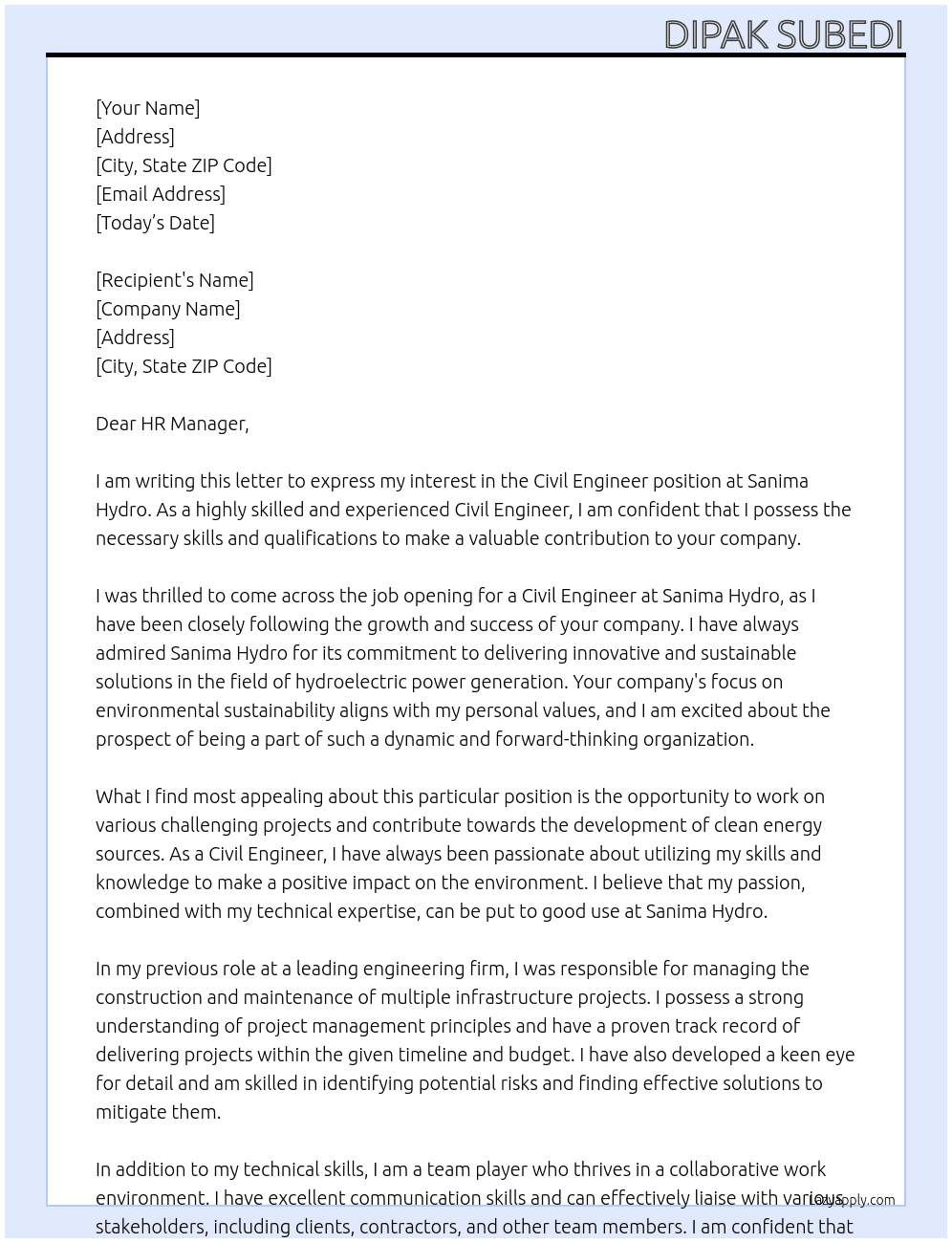 Civil Engineer At Sanima Hydro Cover Letter