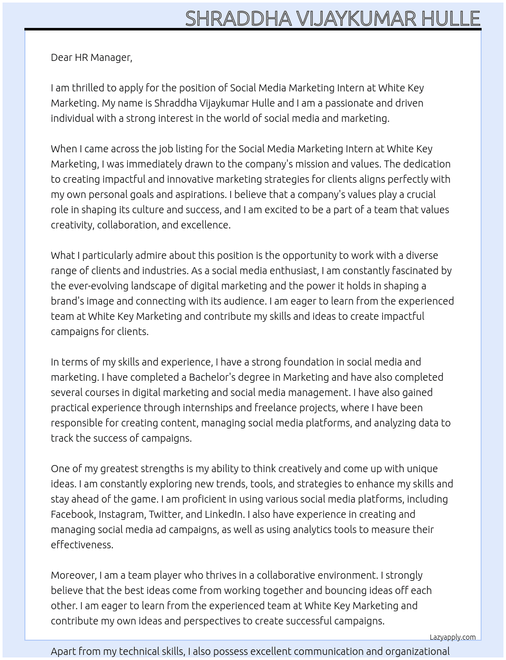 Social Media Marketing Intern At White Key Marketing Cover Letter