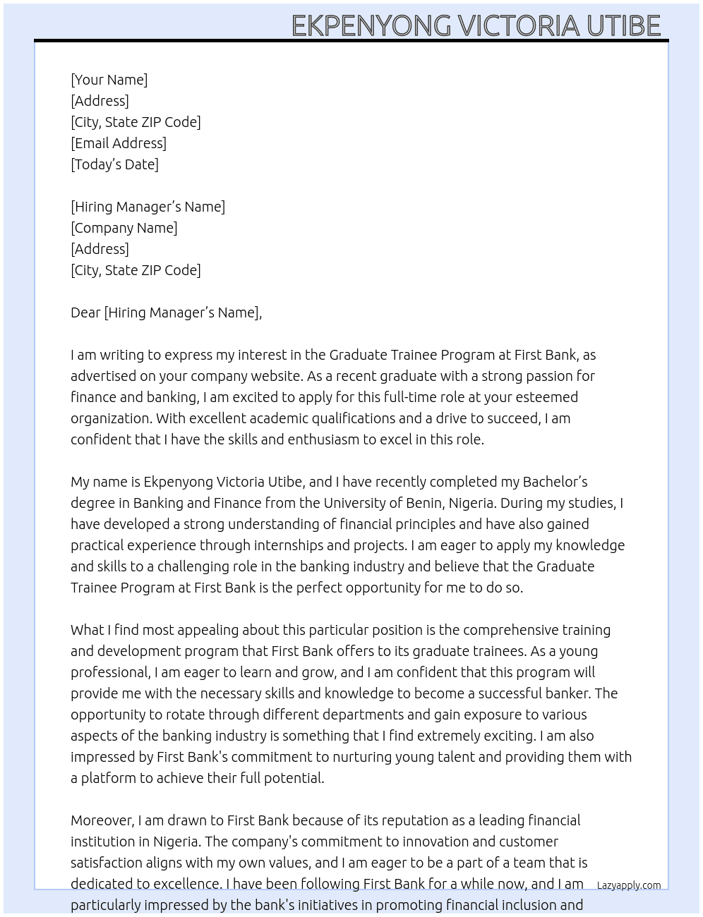 Graduate trainee program  At First bank Cover Letter