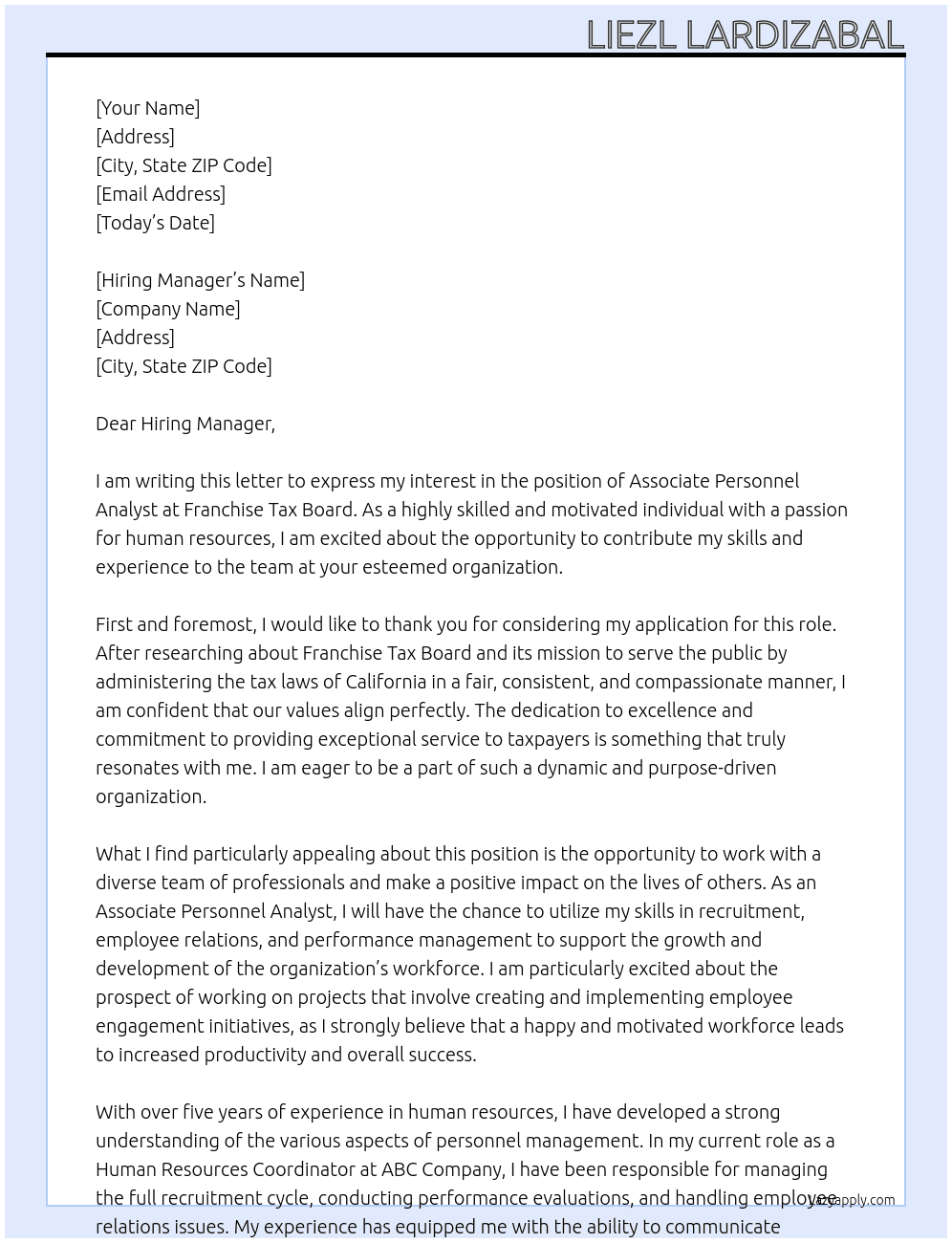 Associate personnel Analyst At Franchise Tax Board Cover Letter