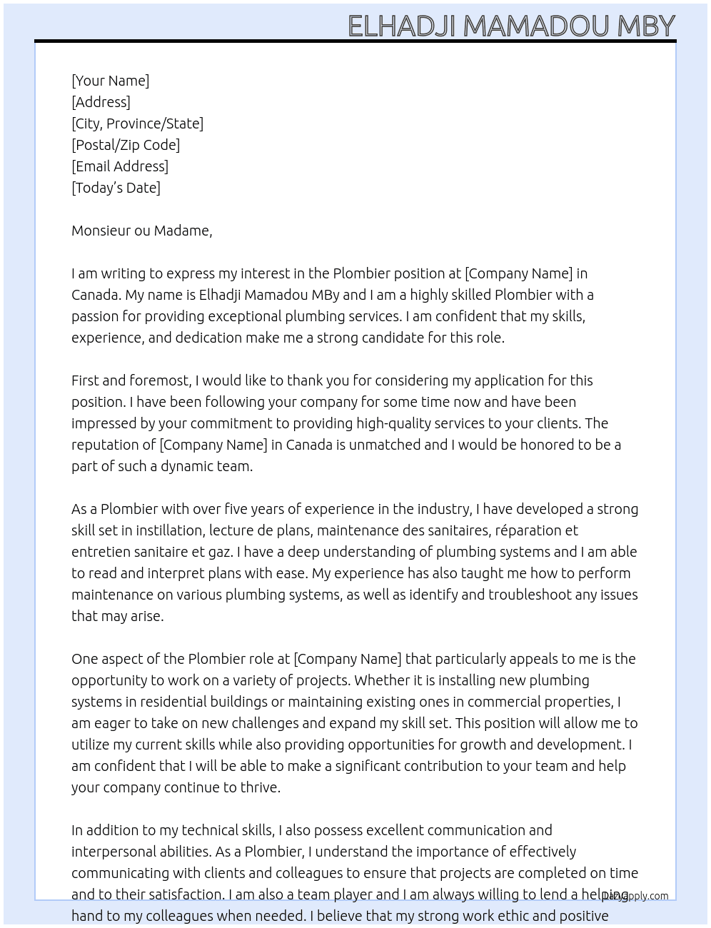 Plombier  At Canada  Cover Letter