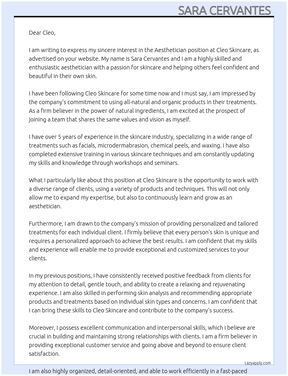 Aesthetician  At Cleo skincare  Cover Letter
