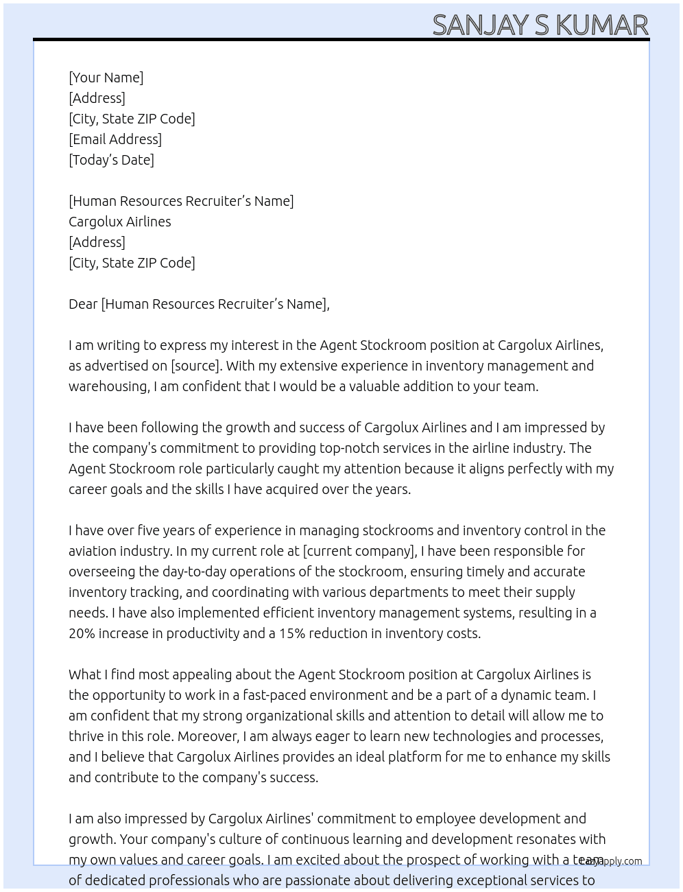 Agent Stockroom At Cargolux Airlines Cover Letter