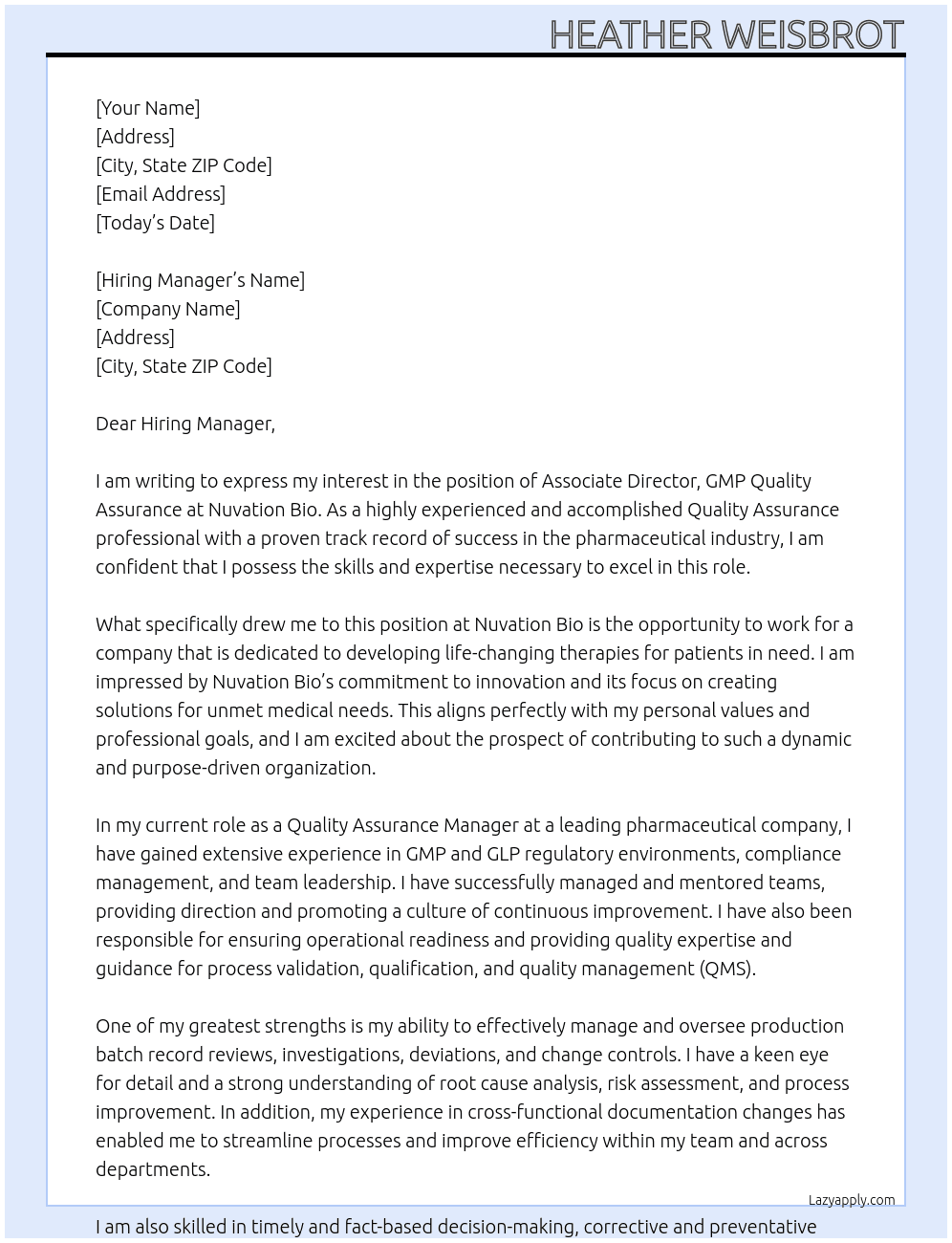 Associate Director, GMP Quality Assurance  At Nuvation Bio Cover Letter