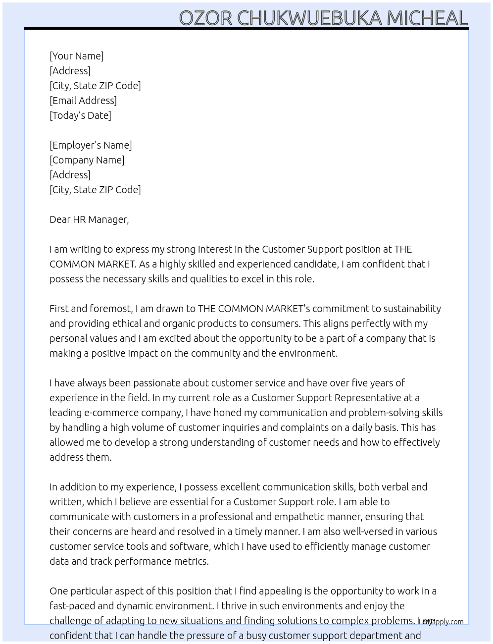 Customer Support At THE COMMON MARKET Cover Letter