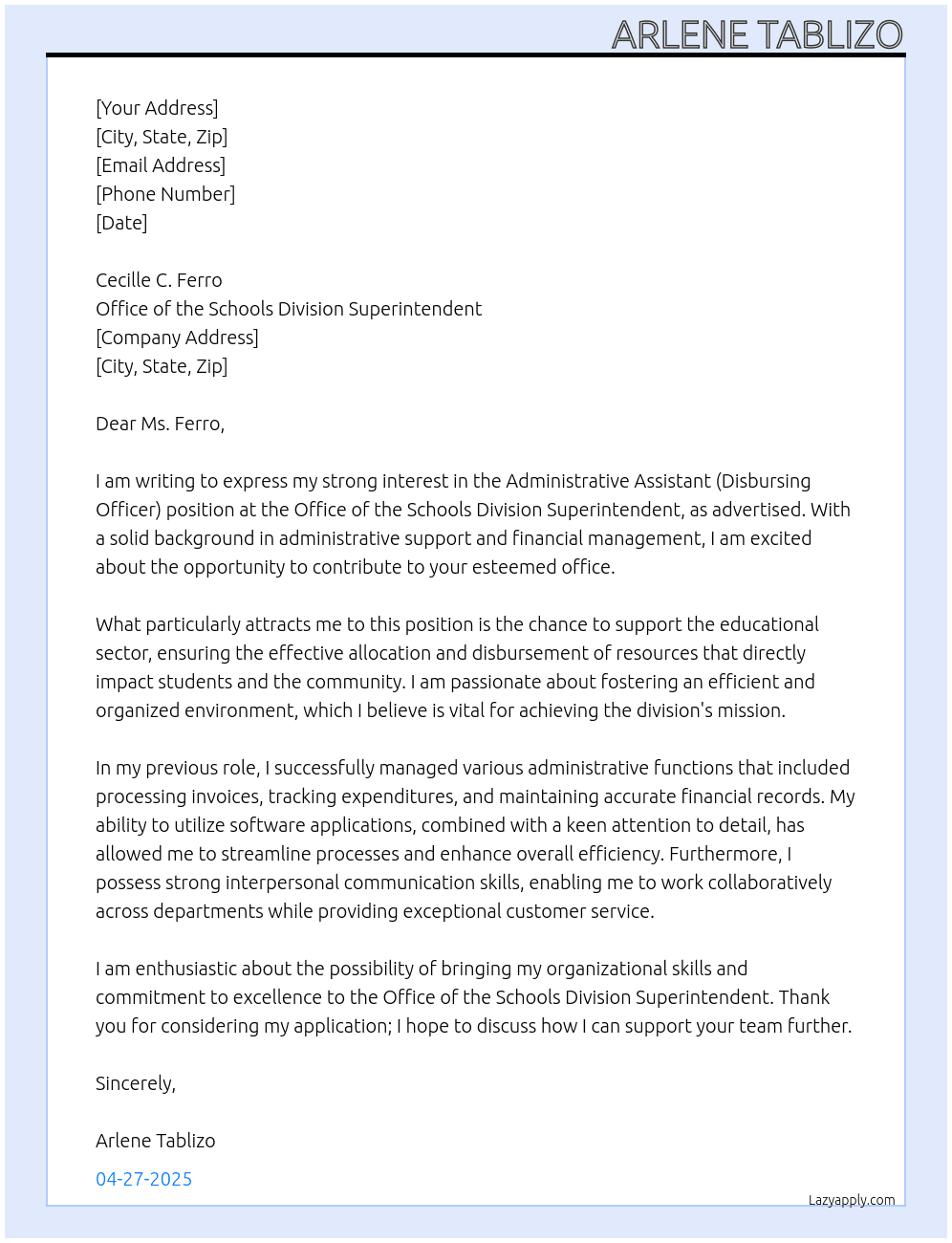 Administrative Assistant (Disbursing officer) At Office of the Schools Division Superintendent Cover Letter