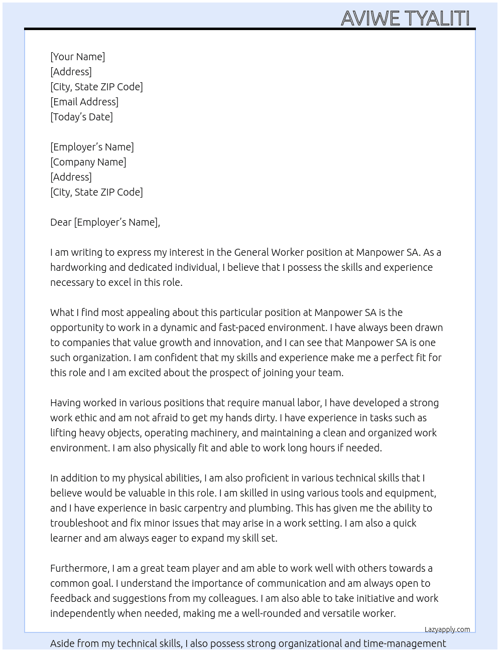 General Worker  At Manpower SA  Cover Letter