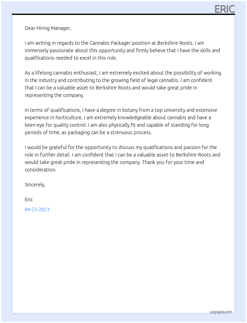 Cannabis packager  At Berkshire roots Cover Letter