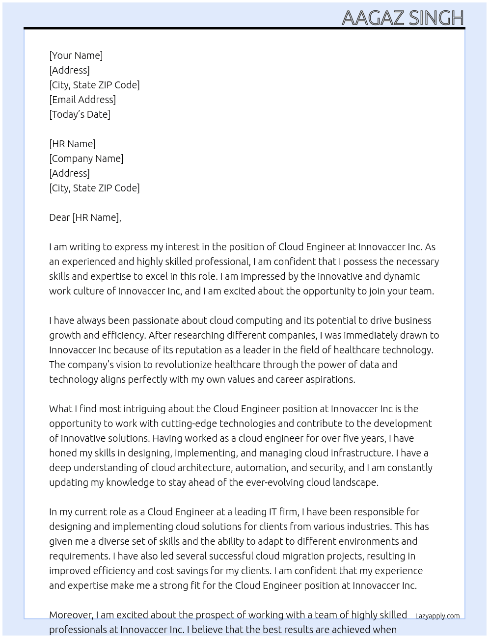 cloud engineer At Innovaccer Inc Cover Letter