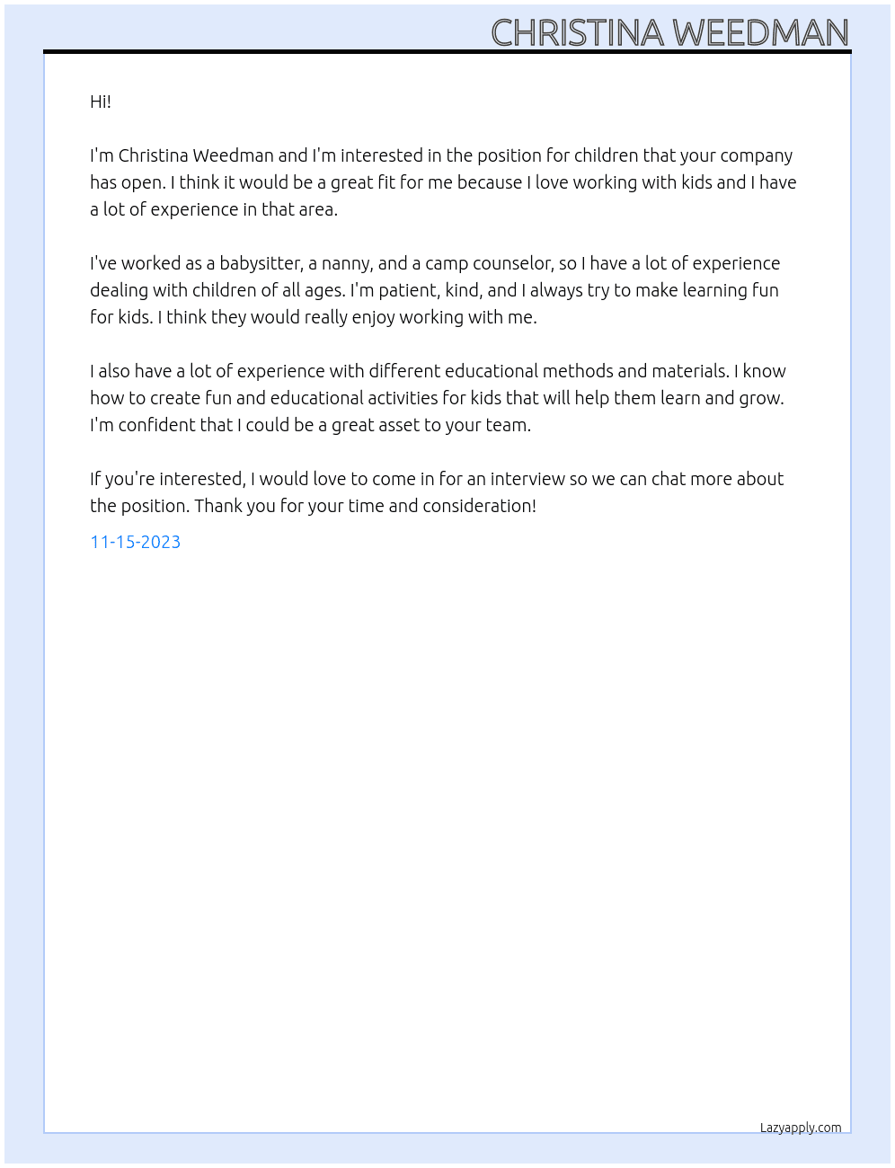 for children At for school Cover Letter