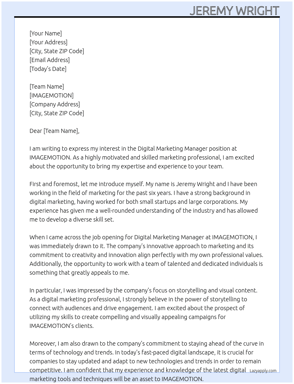Digital Marketing Manager At IMAGEMOTION Cover Letter