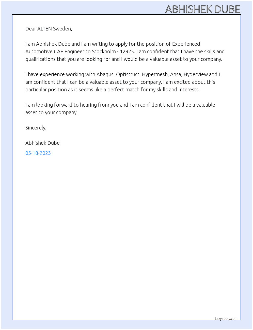 Experienced Automotive CAE Engineer to Stockholm - 12925 At ALTEN Sweden Cover Letter