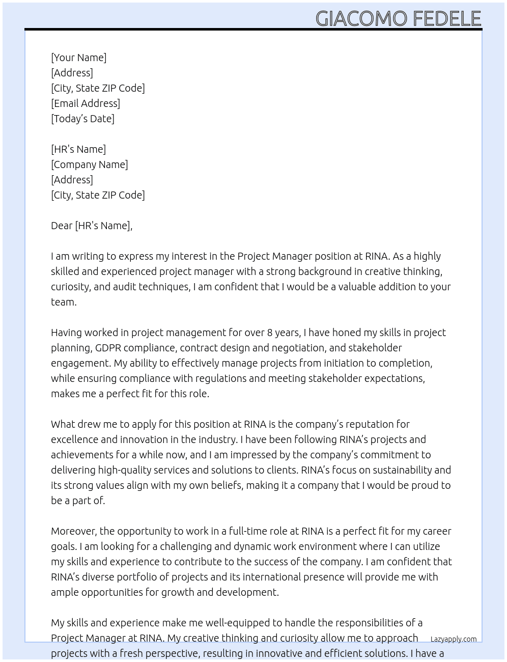 Project Manager At RINA Cover Letter