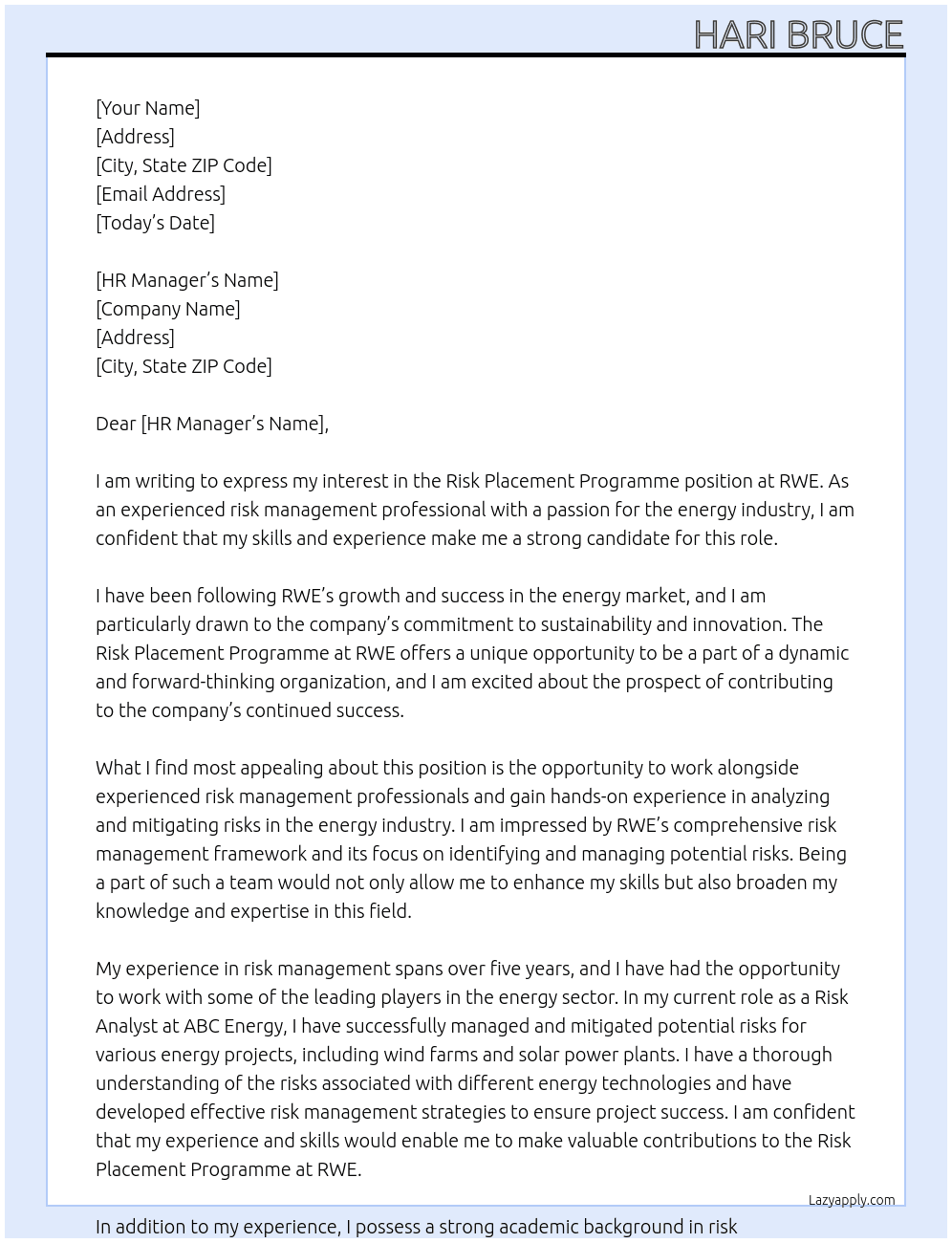 Risk Placement Programme At RWE Cover Letter