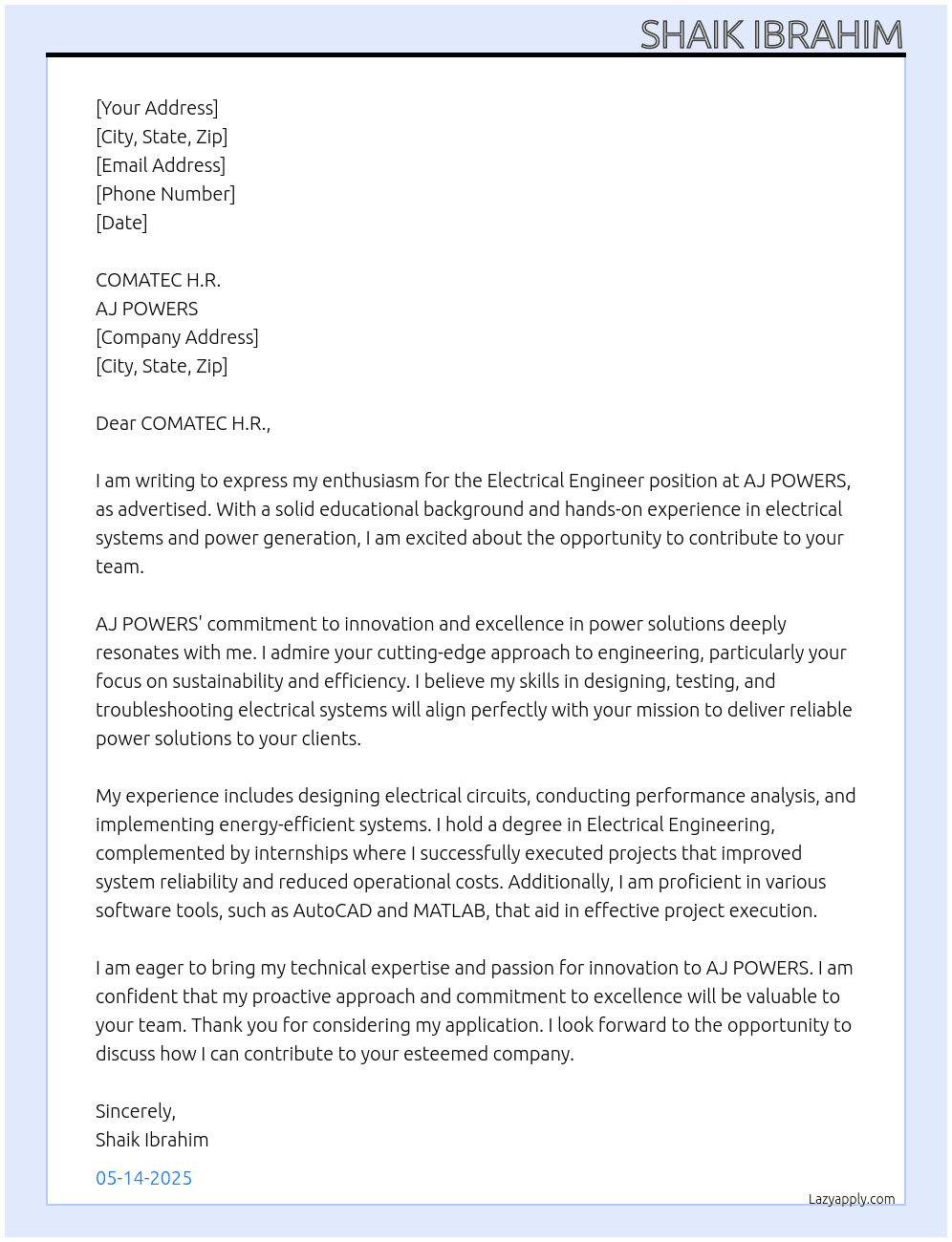 Electrical engineer At AJ POWERS Cover Letter