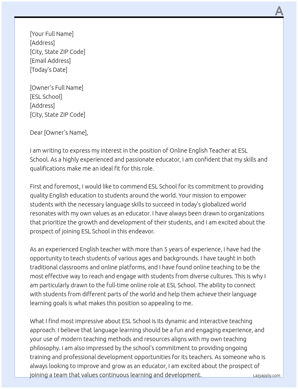 Online English Teacher At ESL SCHOOL Cover Letter