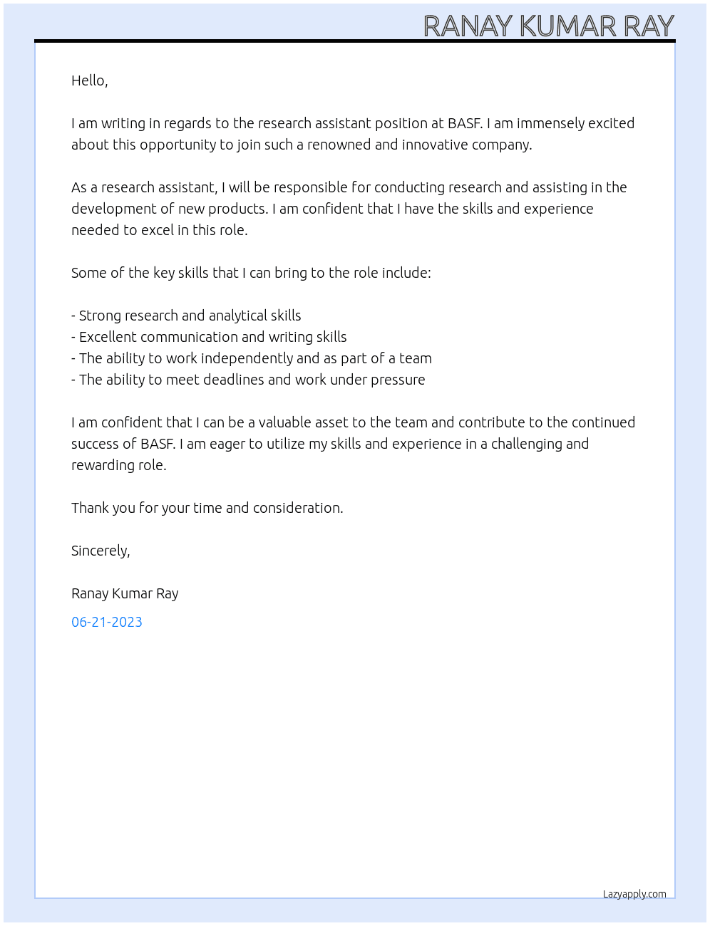 research assistant At BASF0 Cover Letter