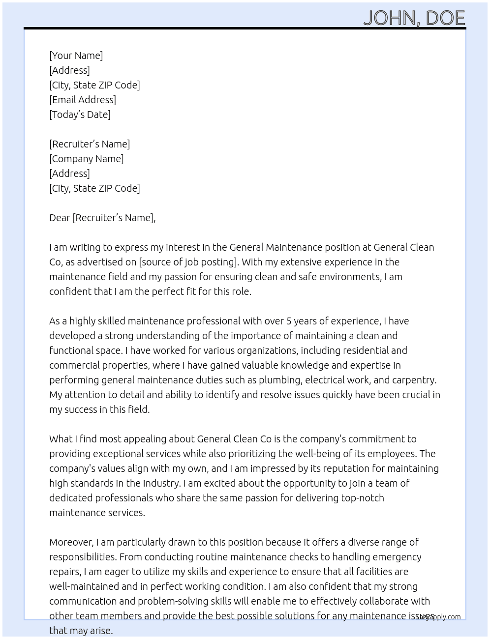 General maintenance At general clean co Cover Letter