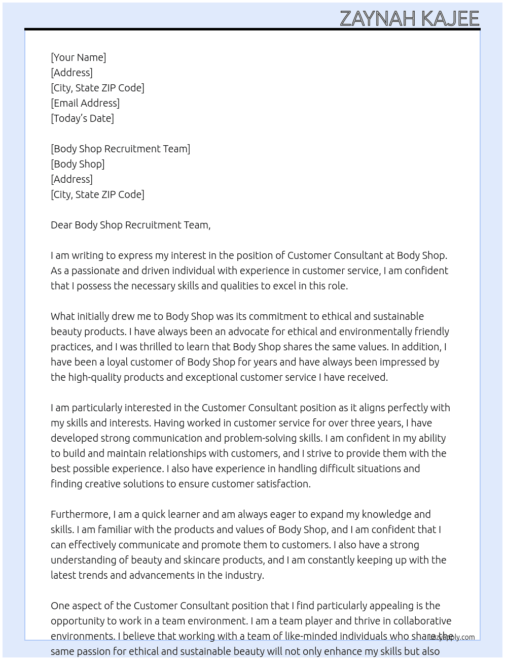 customer consultant At body shop Cover Letter