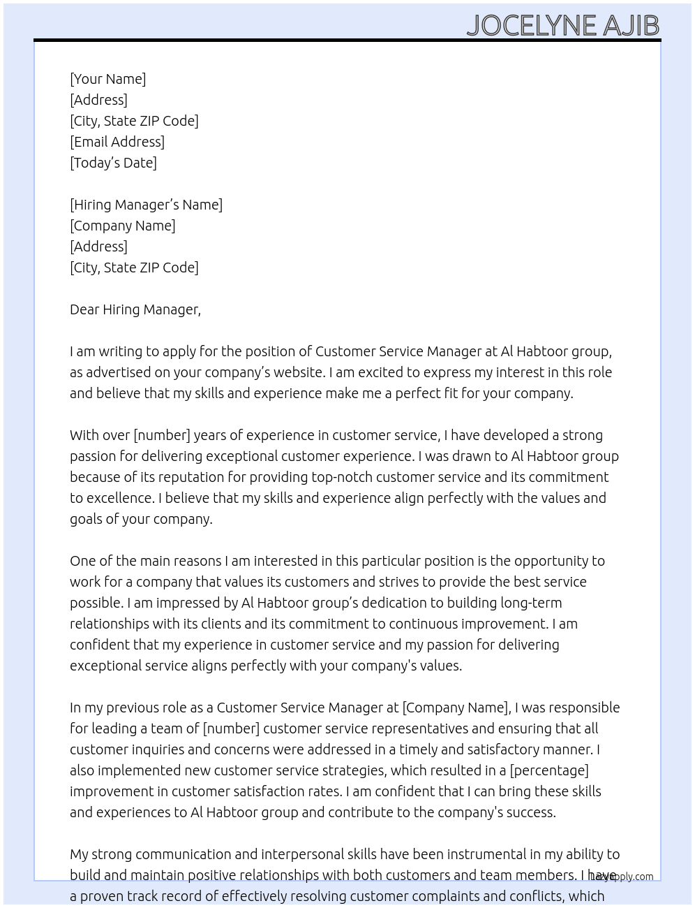 Customer service manager  At Al Habtoor group Cover Letter