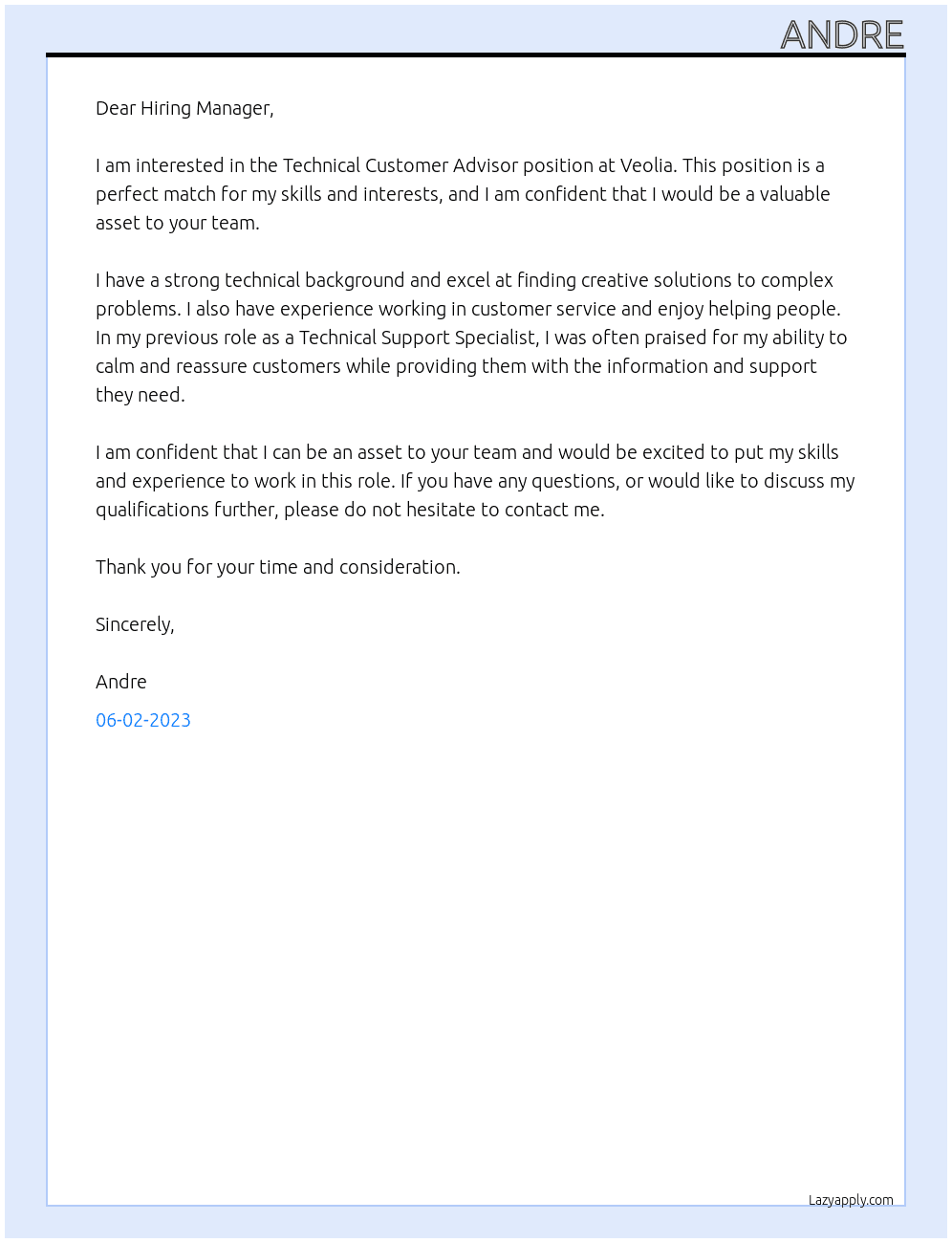Technical Customer Advisor At Veolia Cover Letter